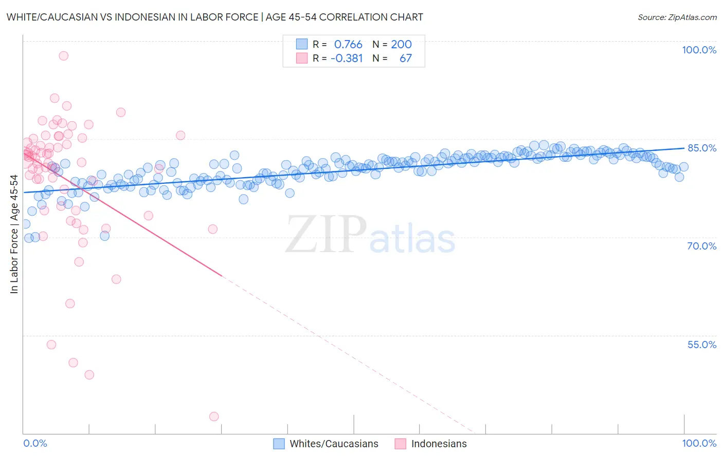 White/Caucasian vs Indonesian In Labor Force | Age 45-54