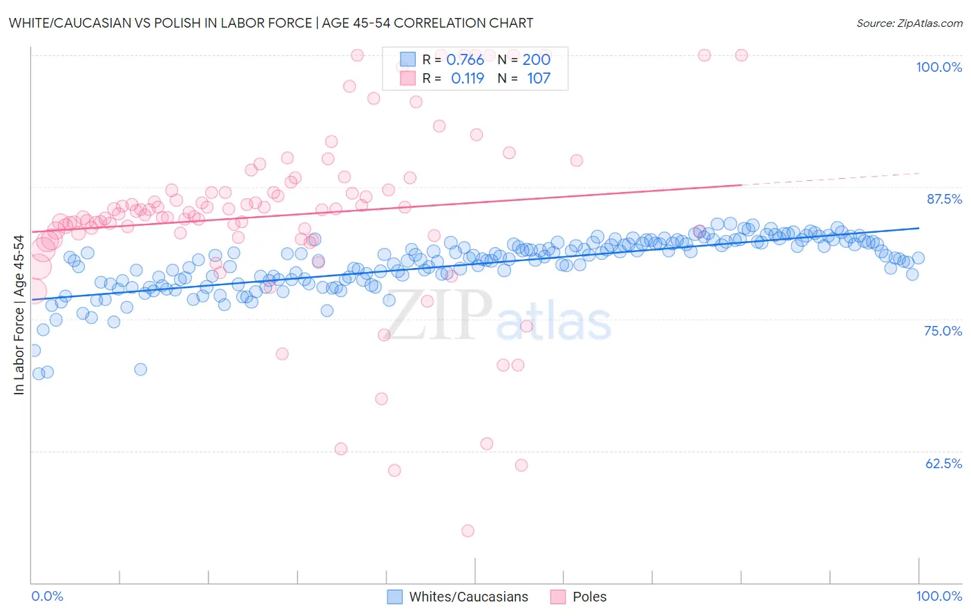 White/Caucasian vs Polish In Labor Force | Age 45-54