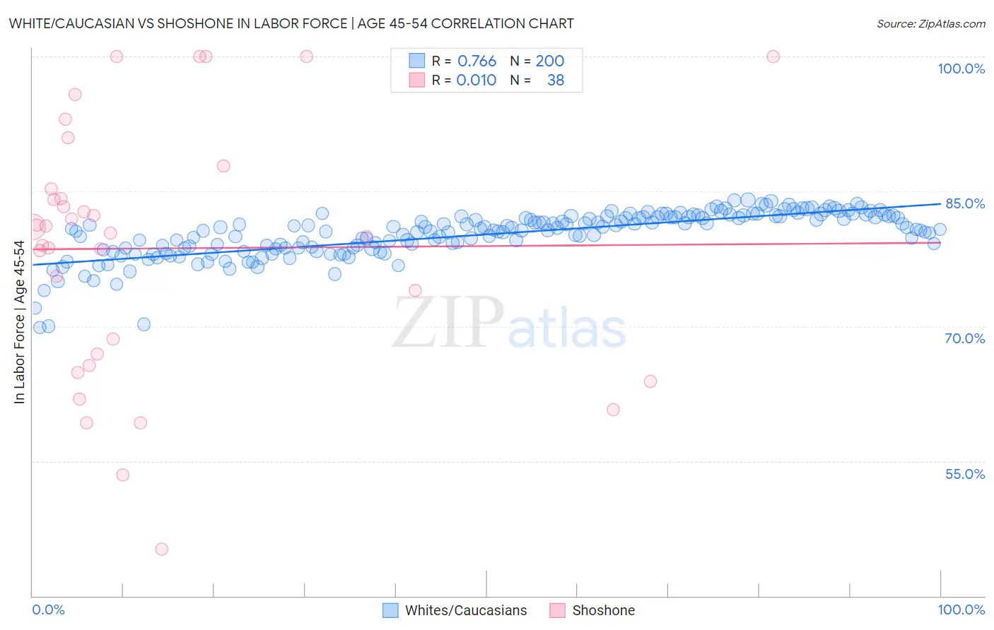 White/Caucasian vs Shoshone In Labor Force | Age 45-54