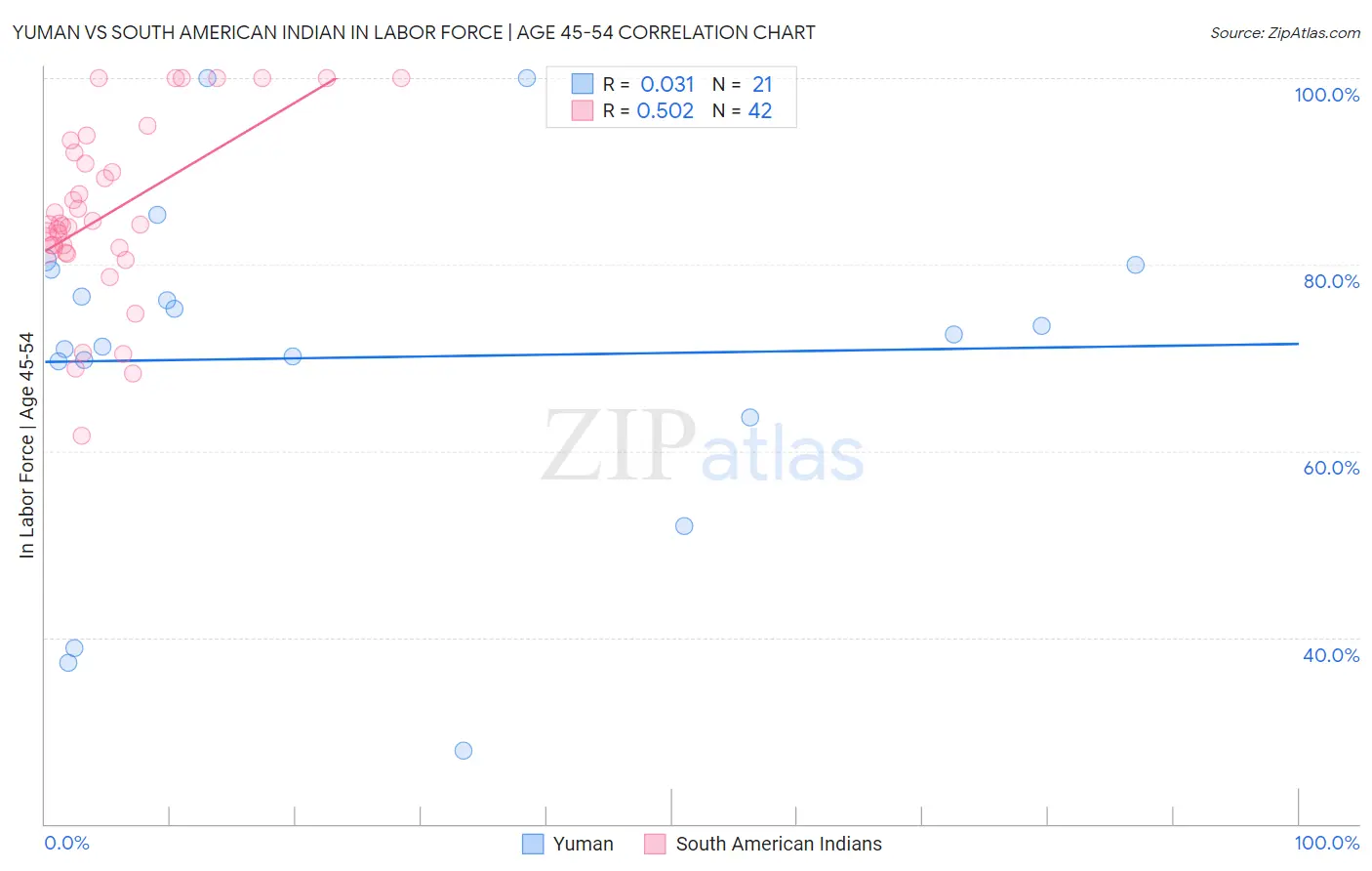 Yuman vs South American Indian In Labor Force | Age 45-54
