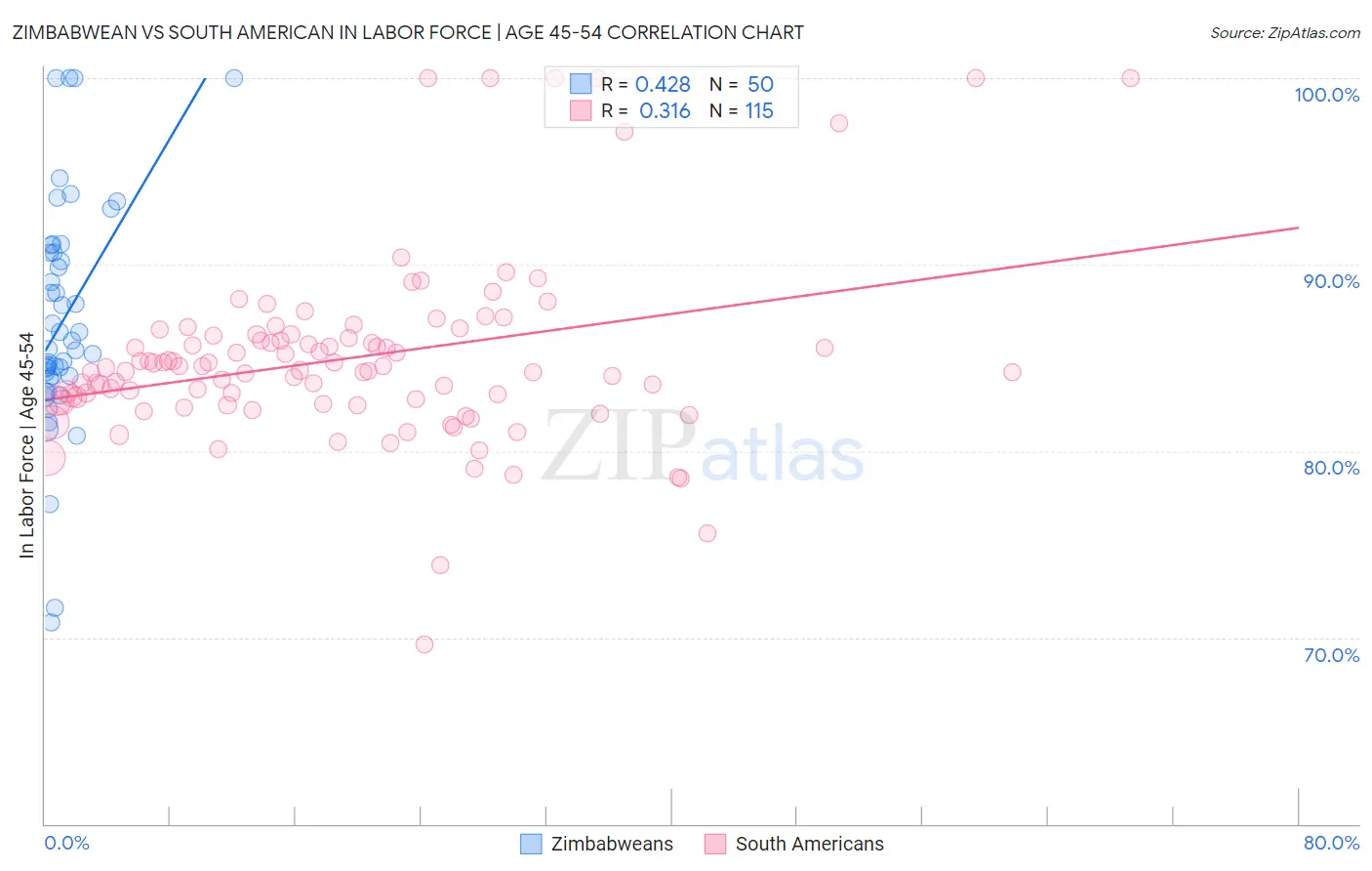 Zimbabwean vs South American In Labor Force | Age 45-54