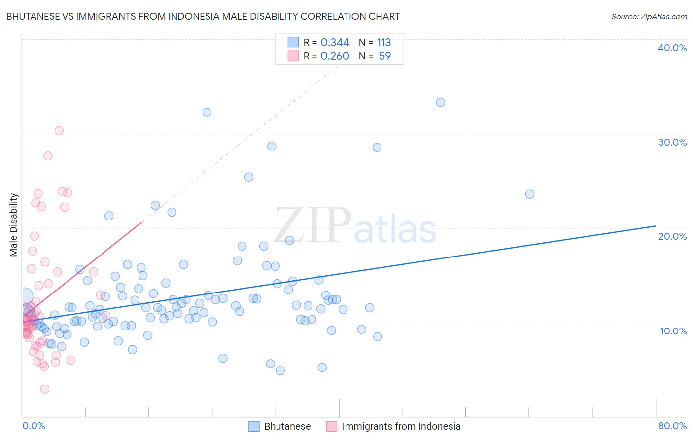 Bhutanese vs Immigrants from Indonesia Male Disability