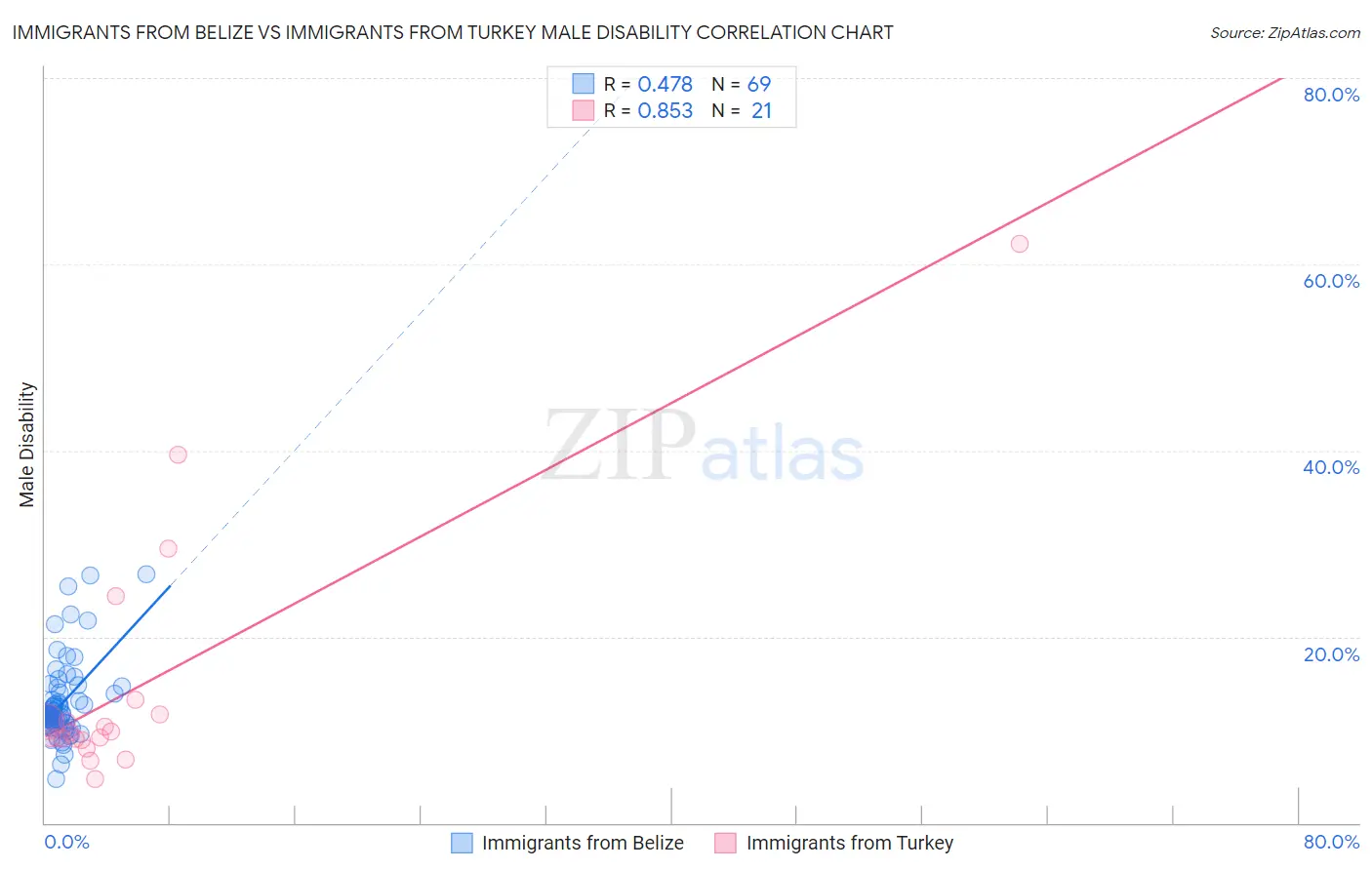 Immigrants from Belize vs Immigrants from Turkey Male Disability