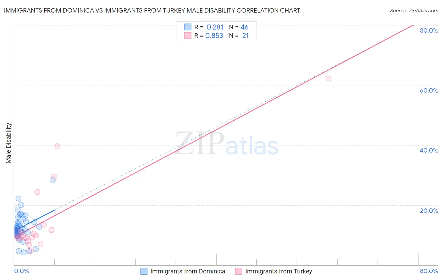 Immigrants from Dominica vs Immigrants from Turkey Male Disability