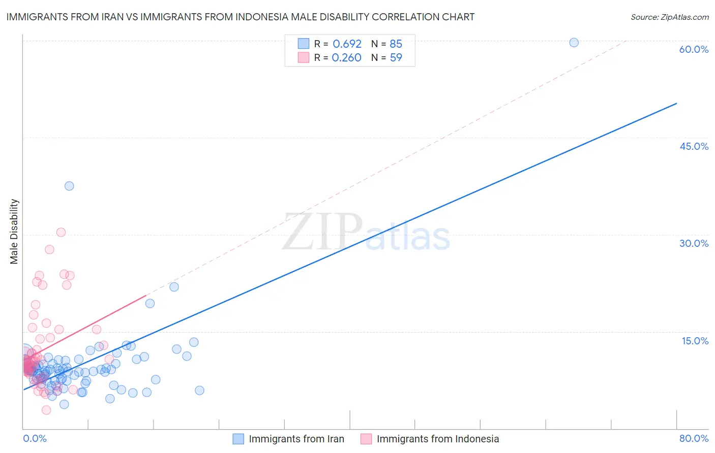 Immigrants from Iran vs Immigrants from Indonesia Male Disability