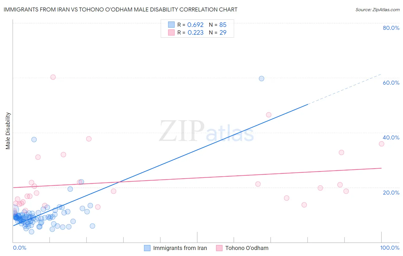 Immigrants from Iran vs Tohono O'odham Male Disability