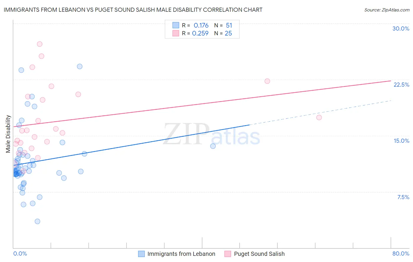 Immigrants from Lebanon vs Puget Sound Salish Male Disability