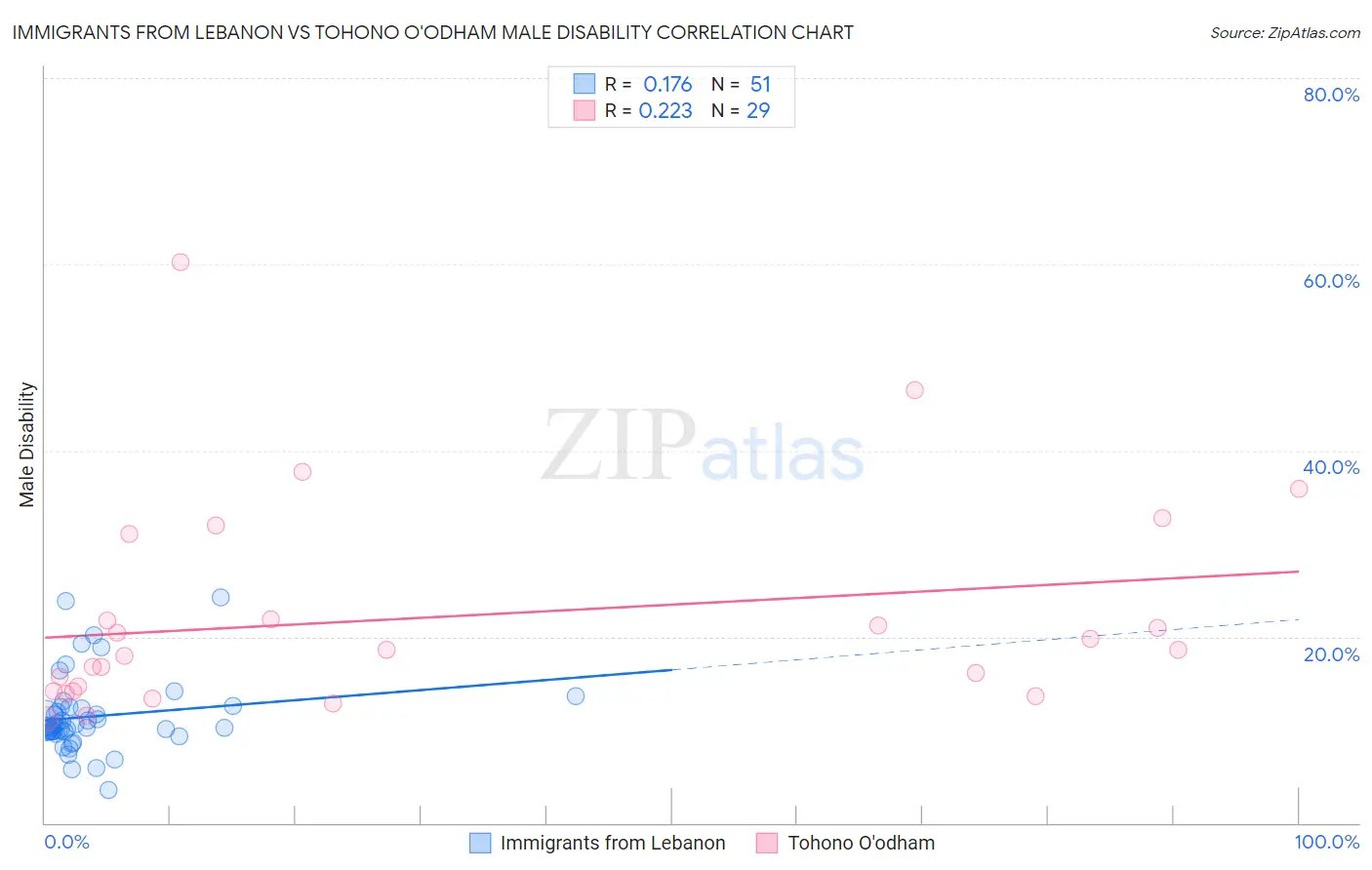 Immigrants from Lebanon vs Tohono O'odham Male Disability