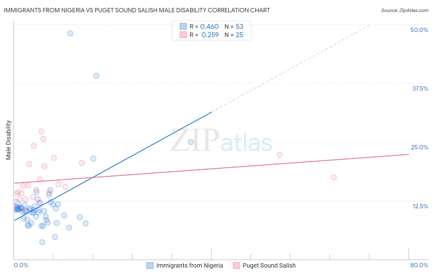 Immigrants from Nigeria vs Puget Sound Salish Male Disability