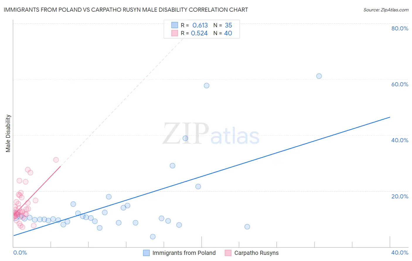 Immigrants from Poland vs Carpatho Rusyn Male Disability