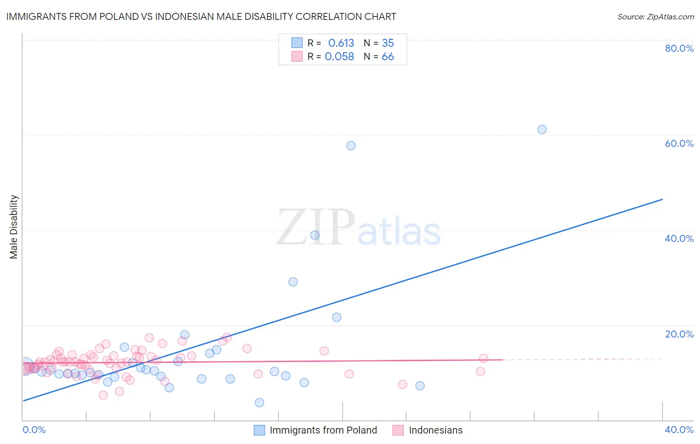 Immigrants from Poland vs Indonesian Male Disability