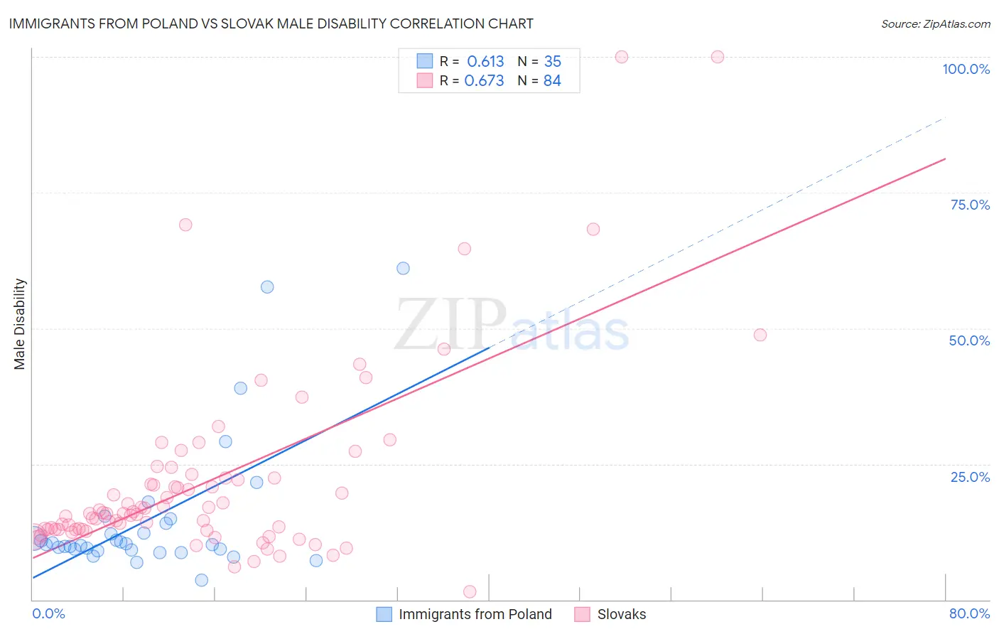 Immigrants from Poland vs Slovak Male Disability