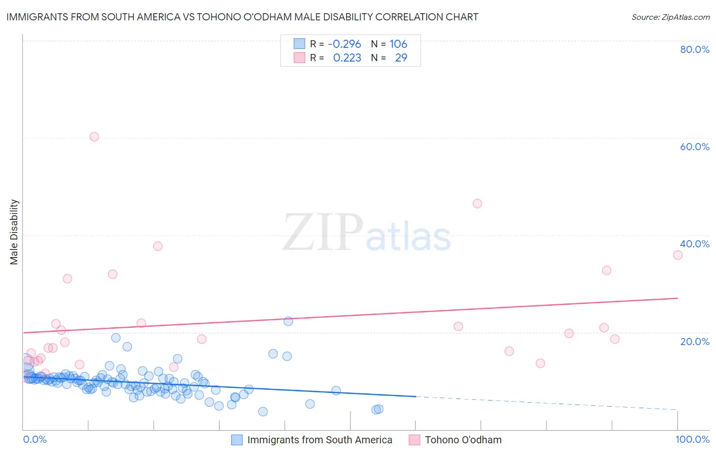 Immigrants from South America vs Tohono O'odham Male Disability