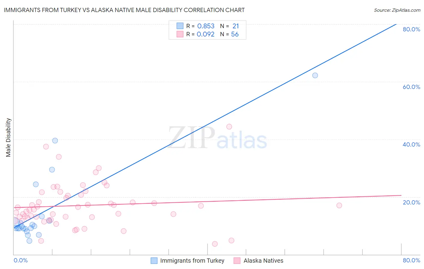 Immigrants from Turkey vs Alaska Native Male Disability