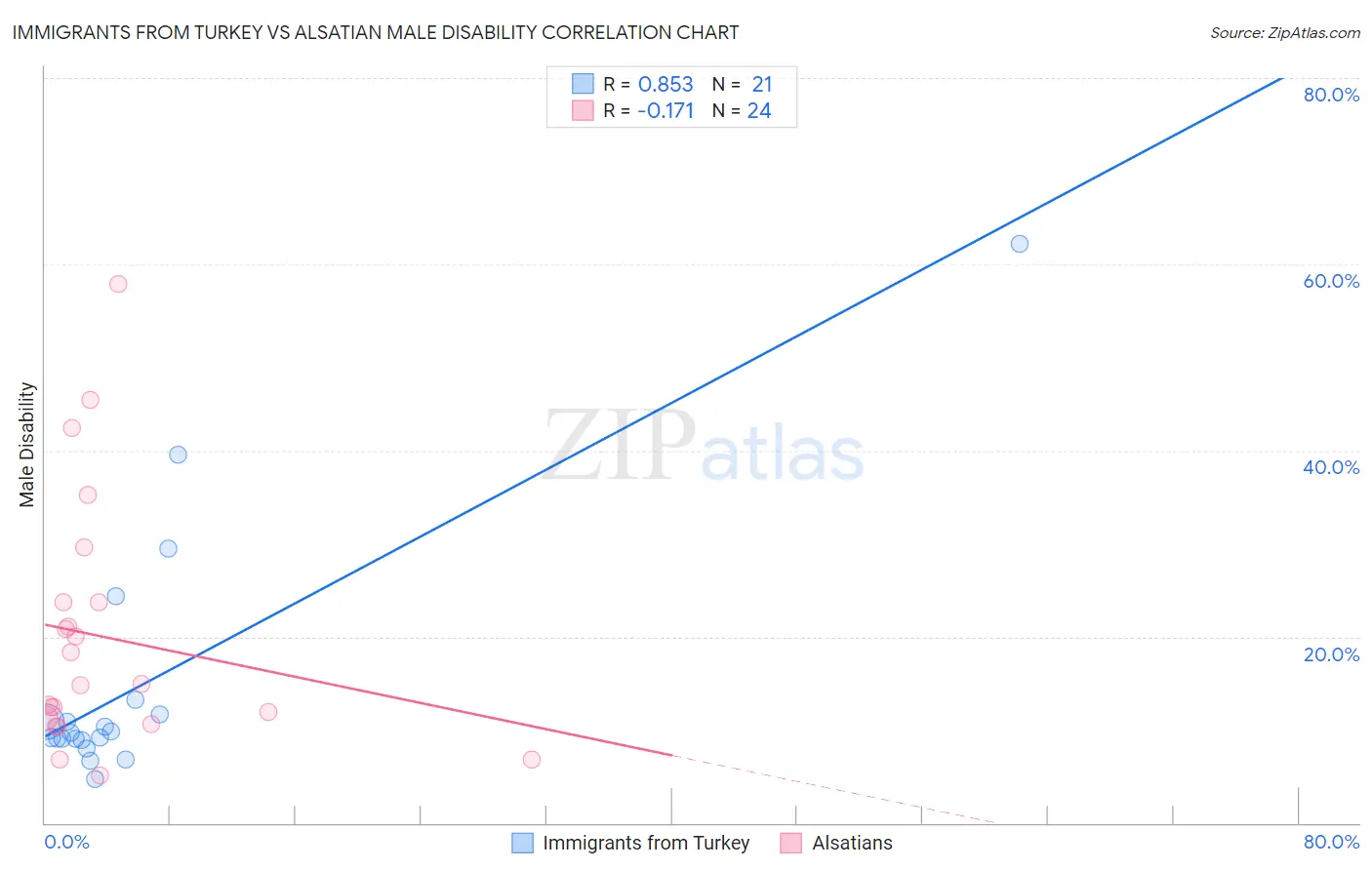 Immigrants from Turkey vs Alsatian Male Disability