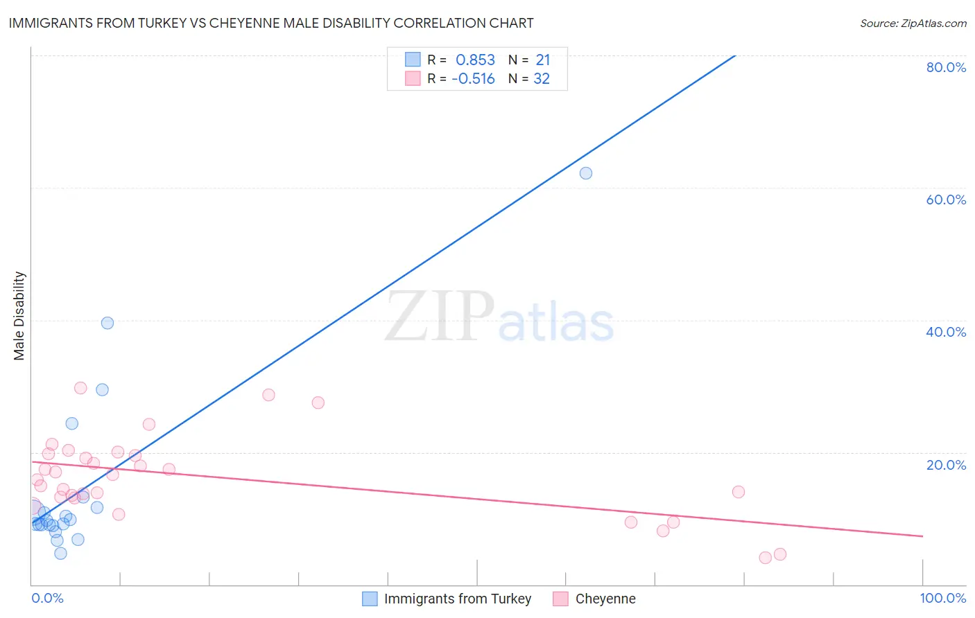 Immigrants from Turkey vs Cheyenne Male Disability