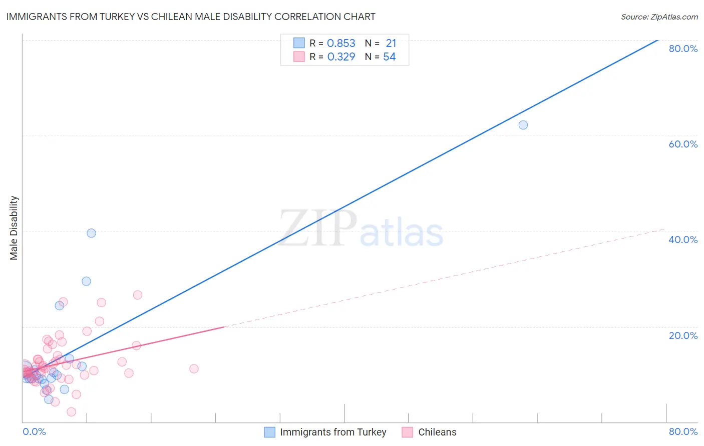 Immigrants from Turkey vs Chilean Male Disability