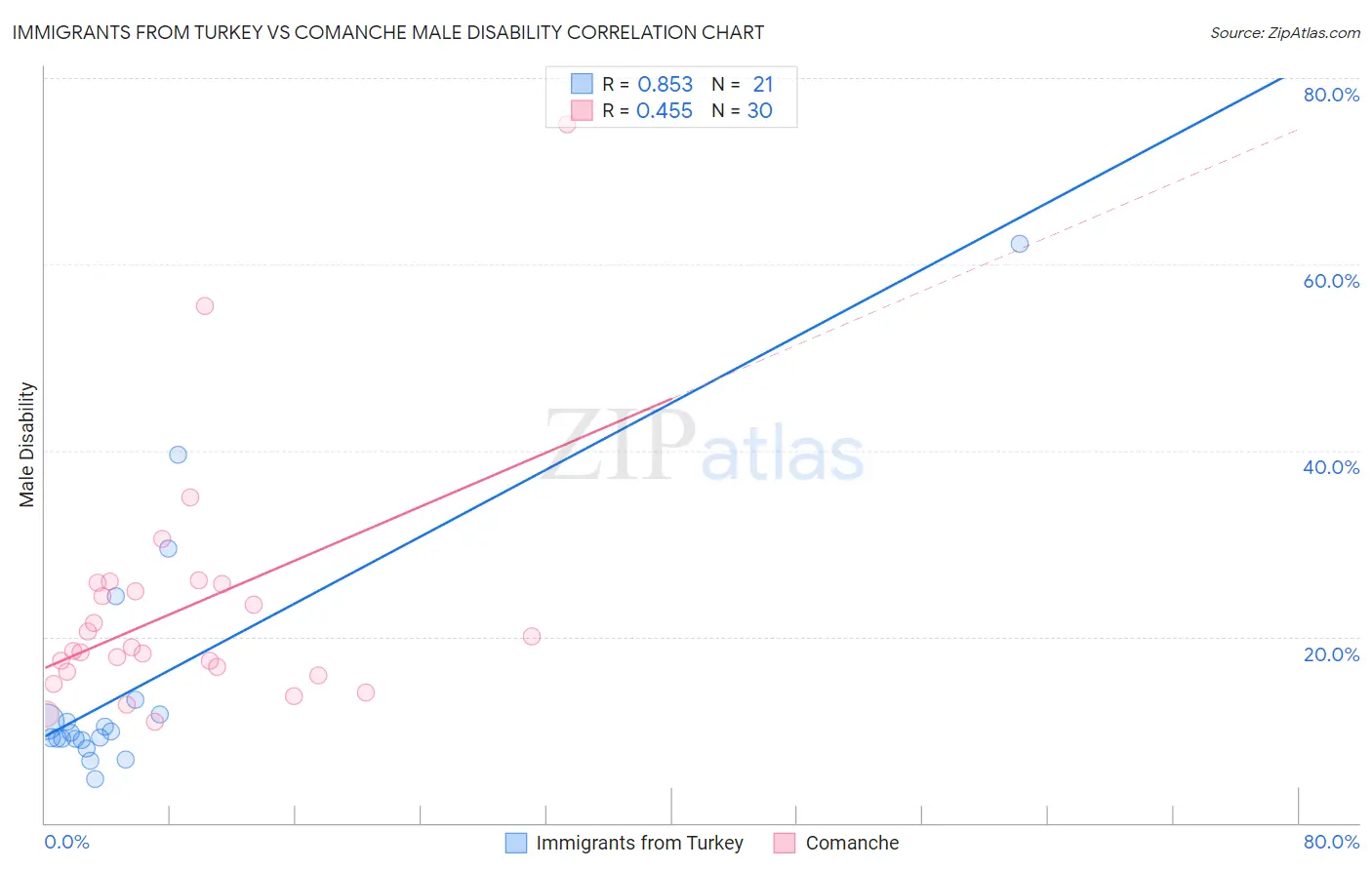 Immigrants from Turkey vs Comanche Male Disability
