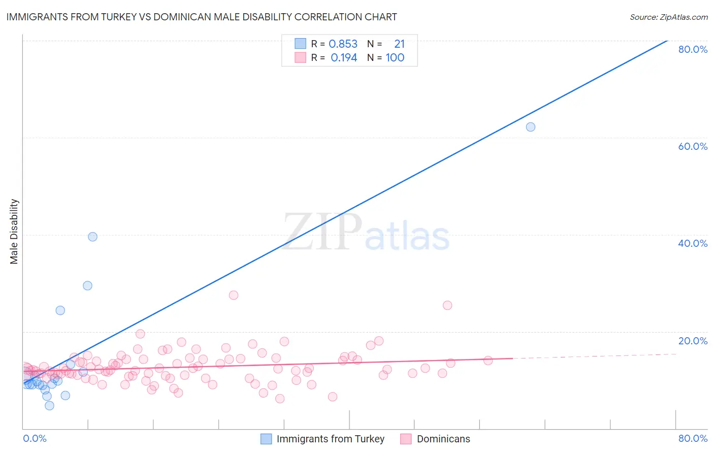 Immigrants from Turkey vs Dominican Male Disability