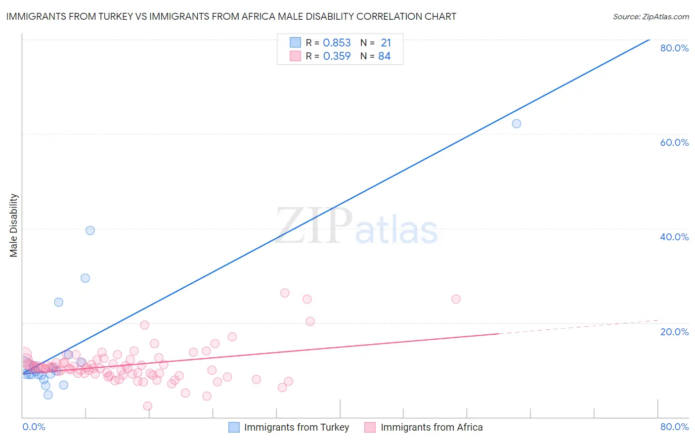 Immigrants from Turkey vs Immigrants from Africa Male Disability