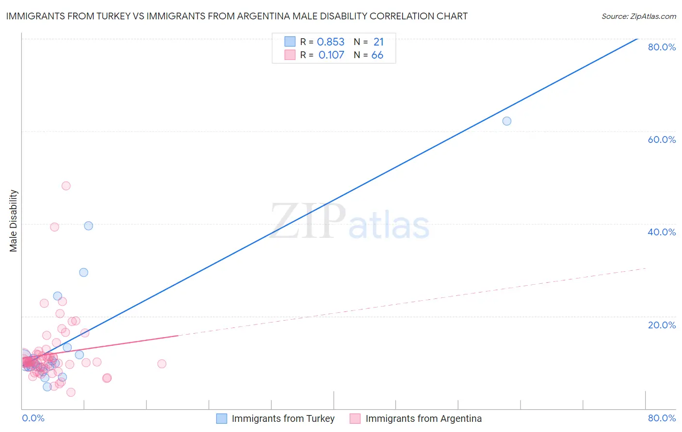 Immigrants from Turkey vs Immigrants from Argentina Male Disability