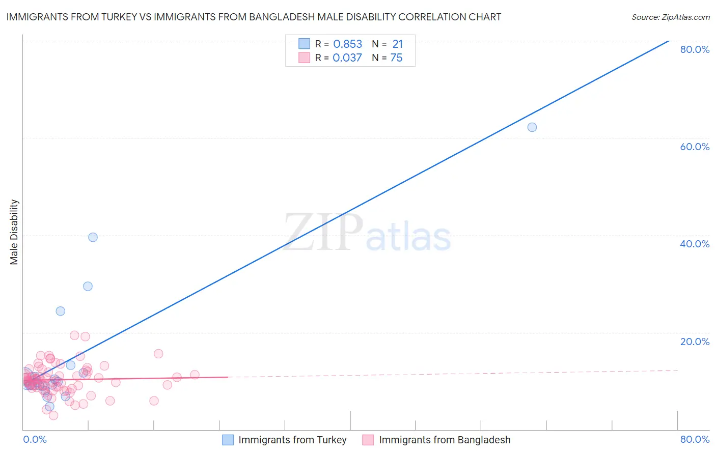 Immigrants from Turkey vs Immigrants from Bangladesh Male Disability