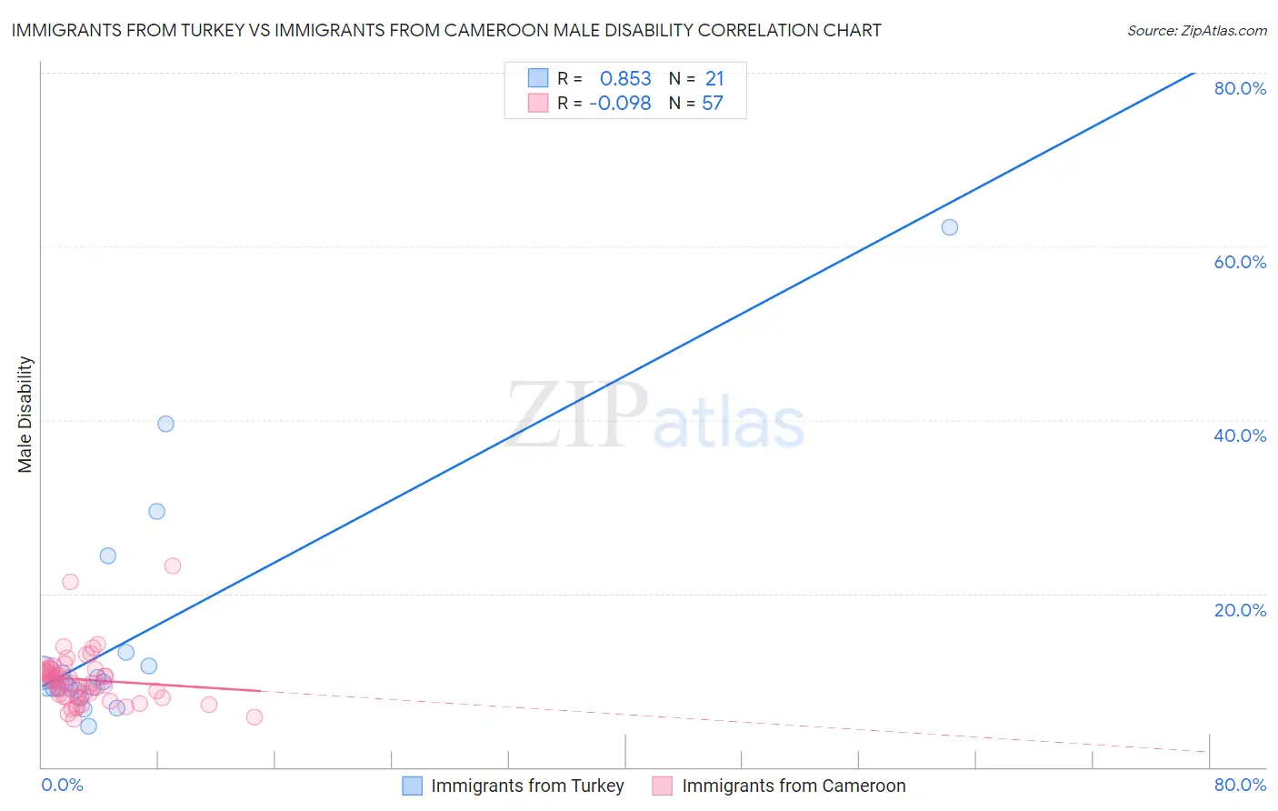 Immigrants from Turkey vs Immigrants from Cameroon Male Disability