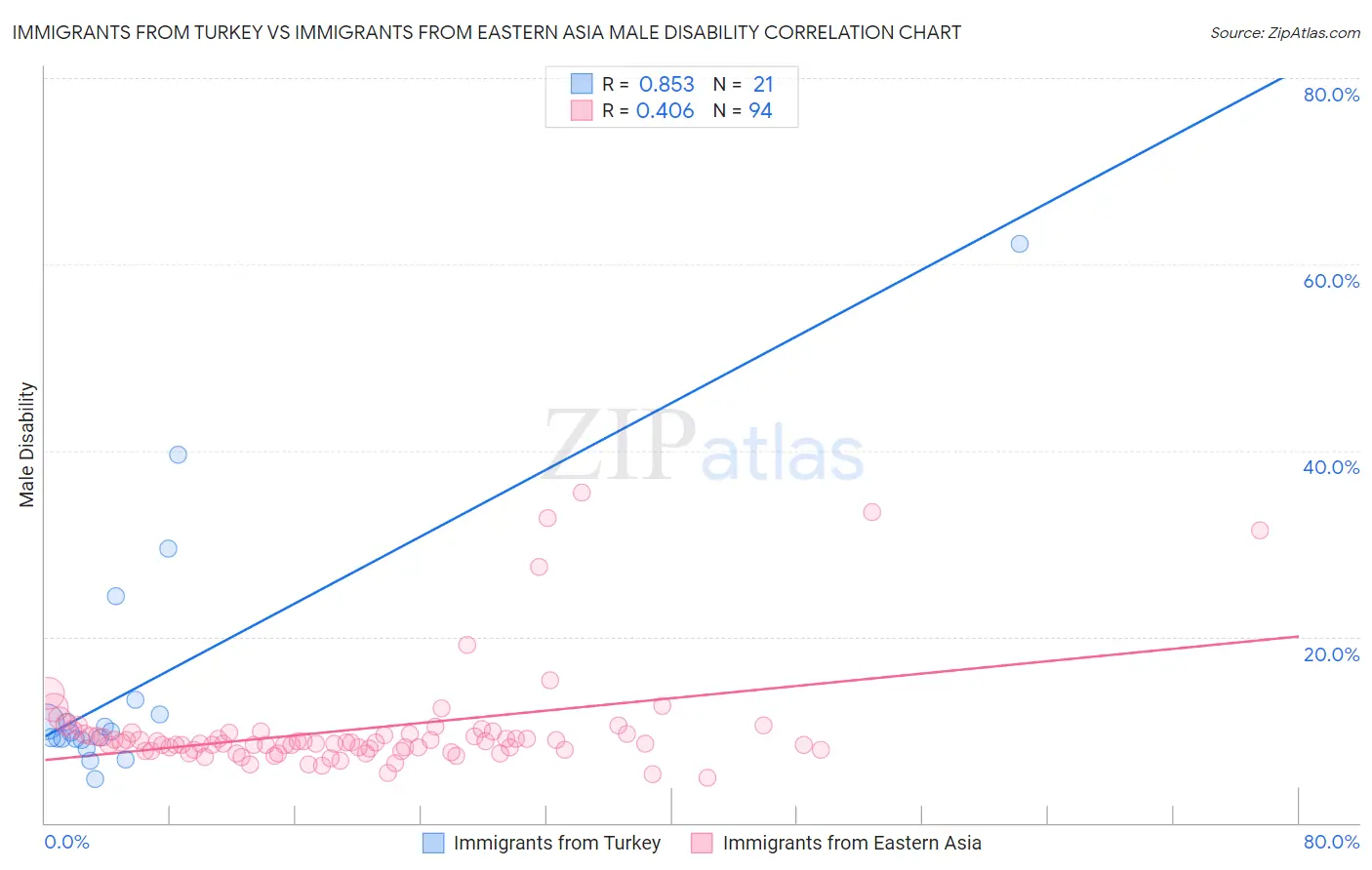 Immigrants from Turkey vs Immigrants from Eastern Asia Male Disability