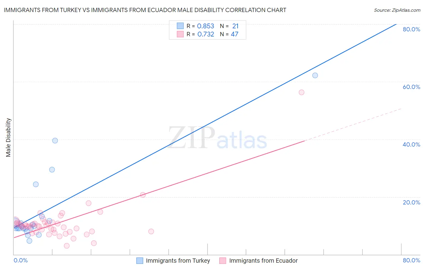 Immigrants from Turkey vs Immigrants from Ecuador Male Disability