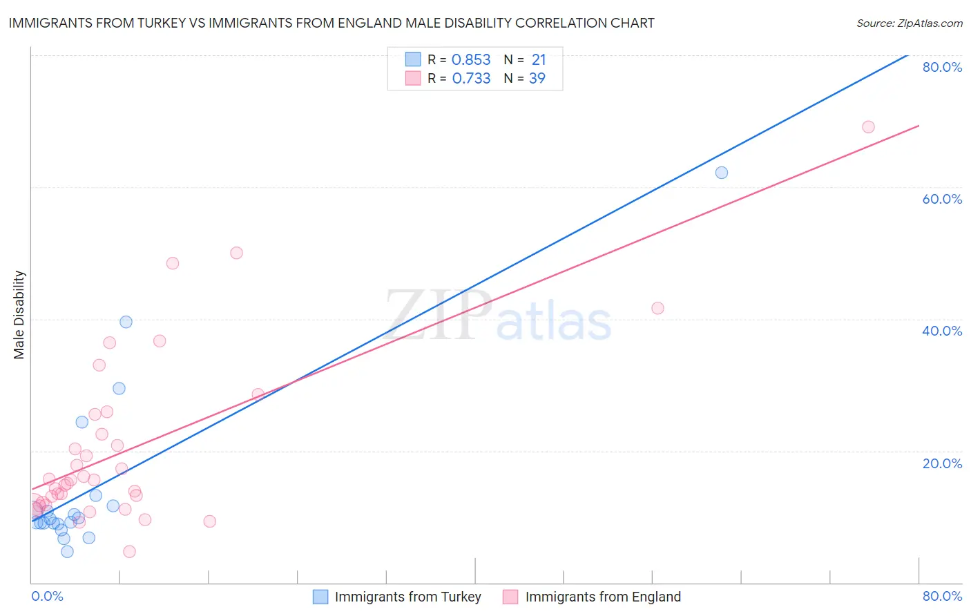 Immigrants from Turkey vs Immigrants from England Male Disability
