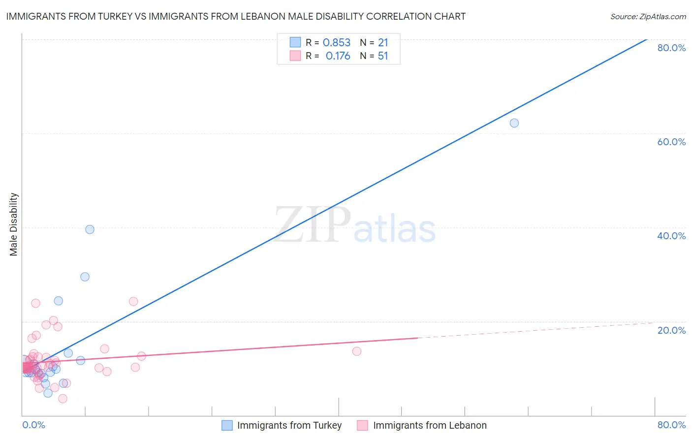Immigrants from Turkey vs Immigrants from Lebanon Male Disability