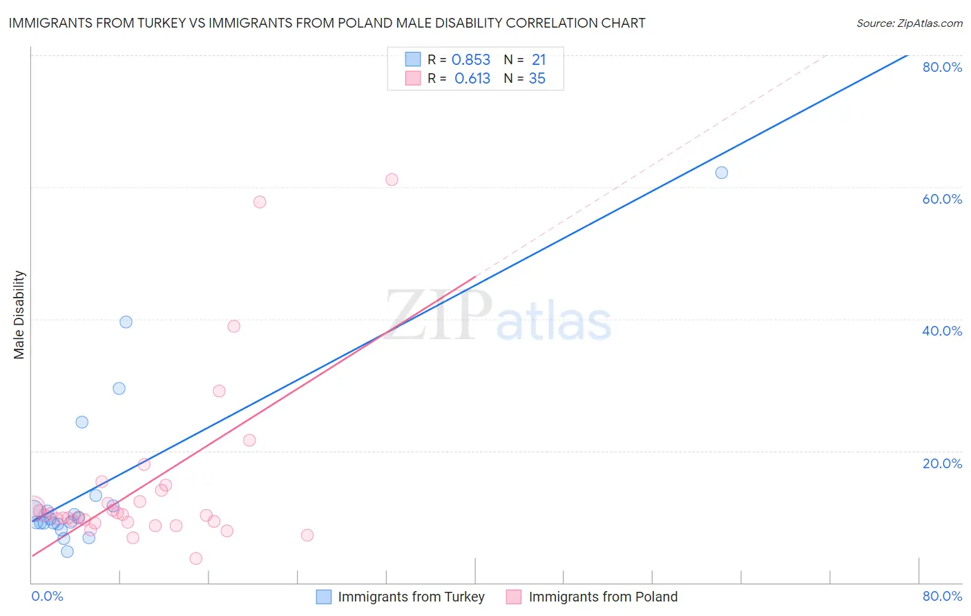 Immigrants from Turkey vs Immigrants from Poland Male Disability