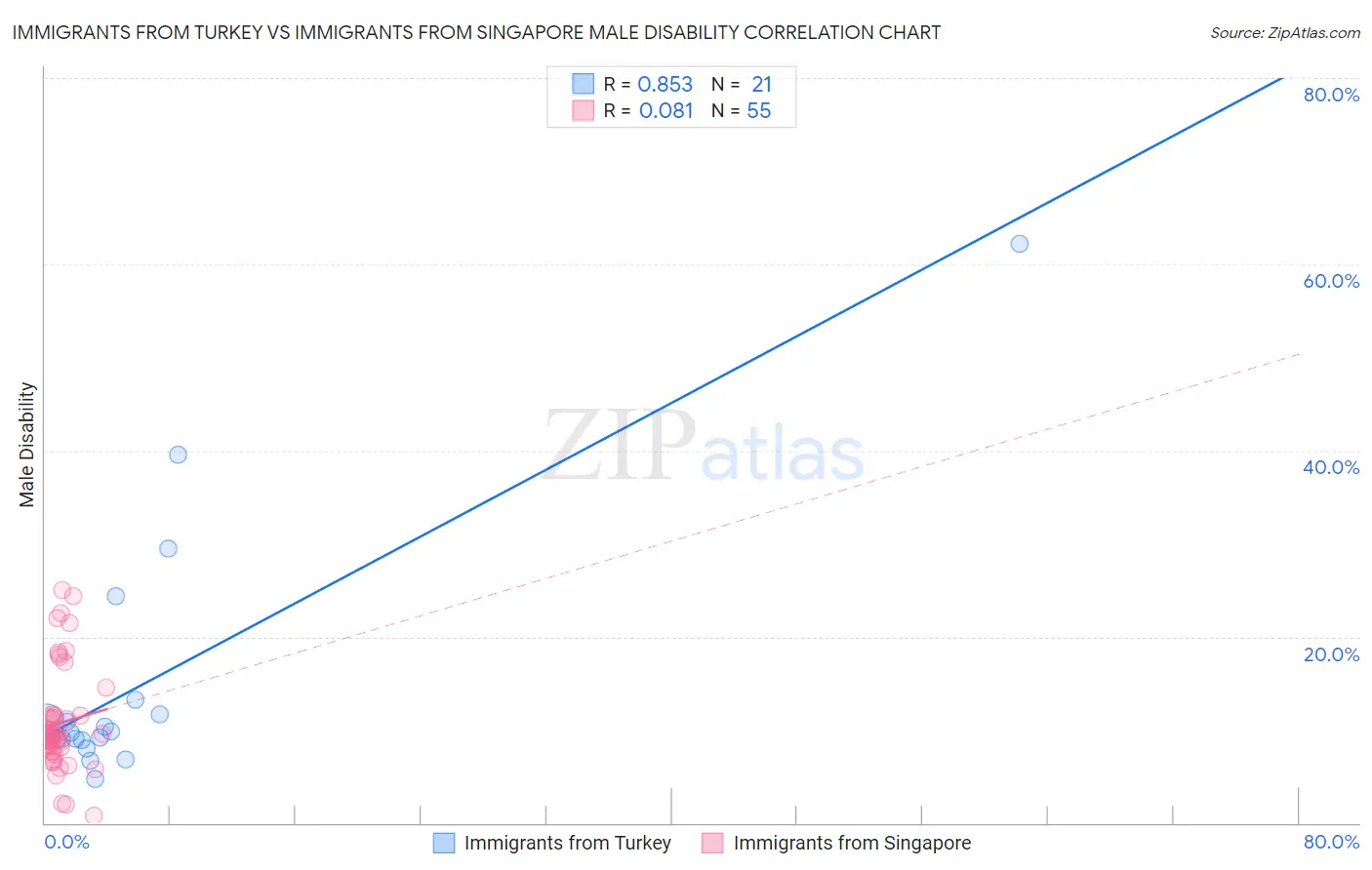 Immigrants from Turkey vs Immigrants from Singapore Male Disability