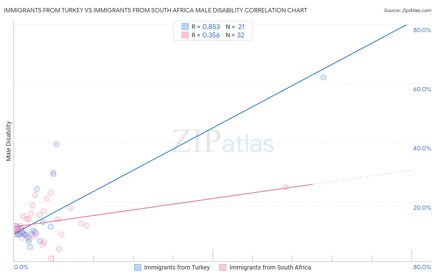 Immigrants from Turkey vs Immigrants from South Africa Male Disability