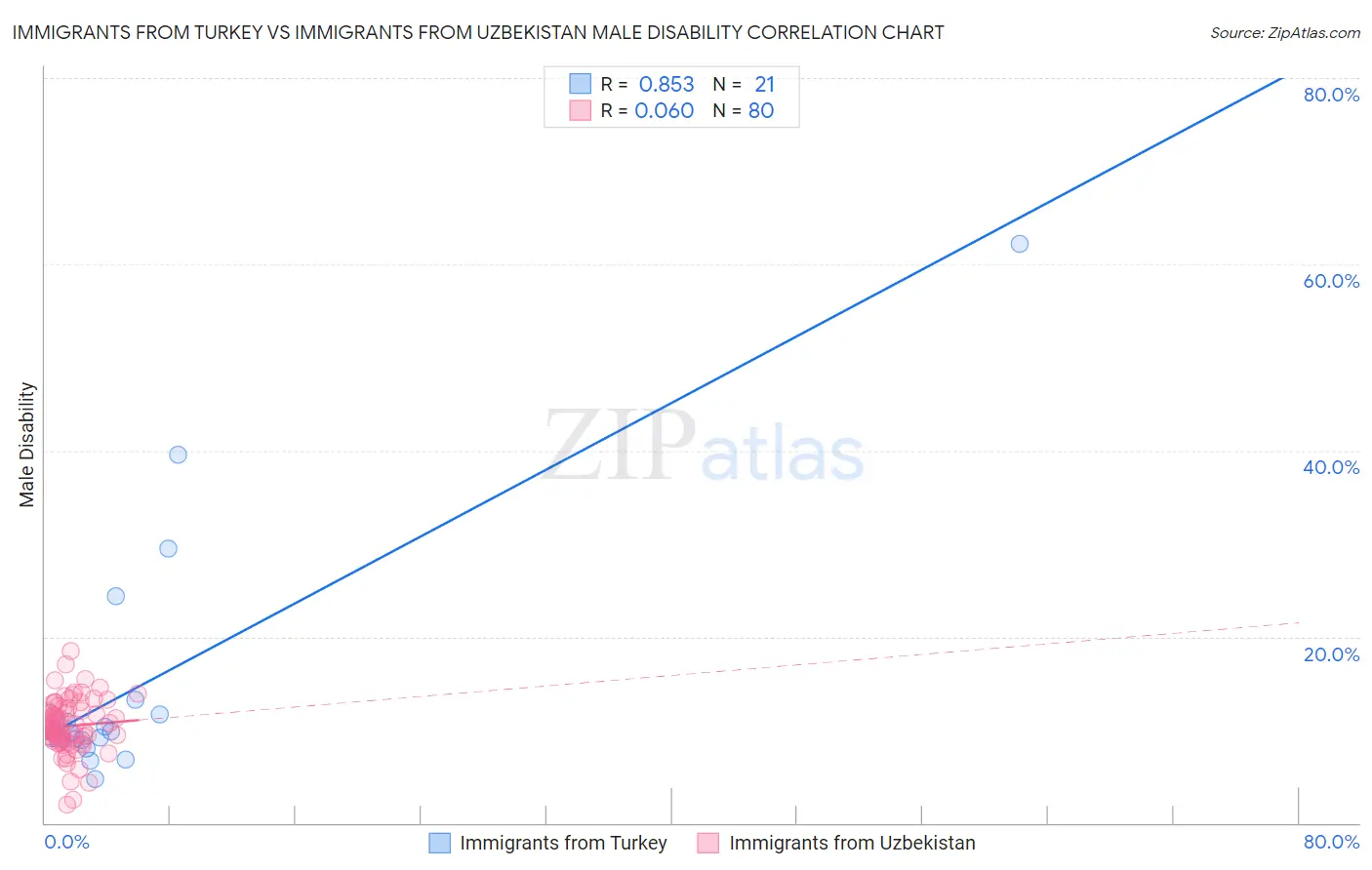 Immigrants from Turkey vs Immigrants from Uzbekistan Male Disability