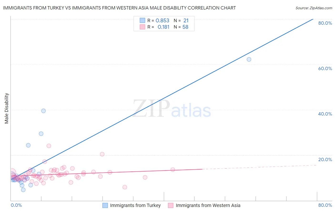 Immigrants from Turkey vs Immigrants from Western Asia Male Disability