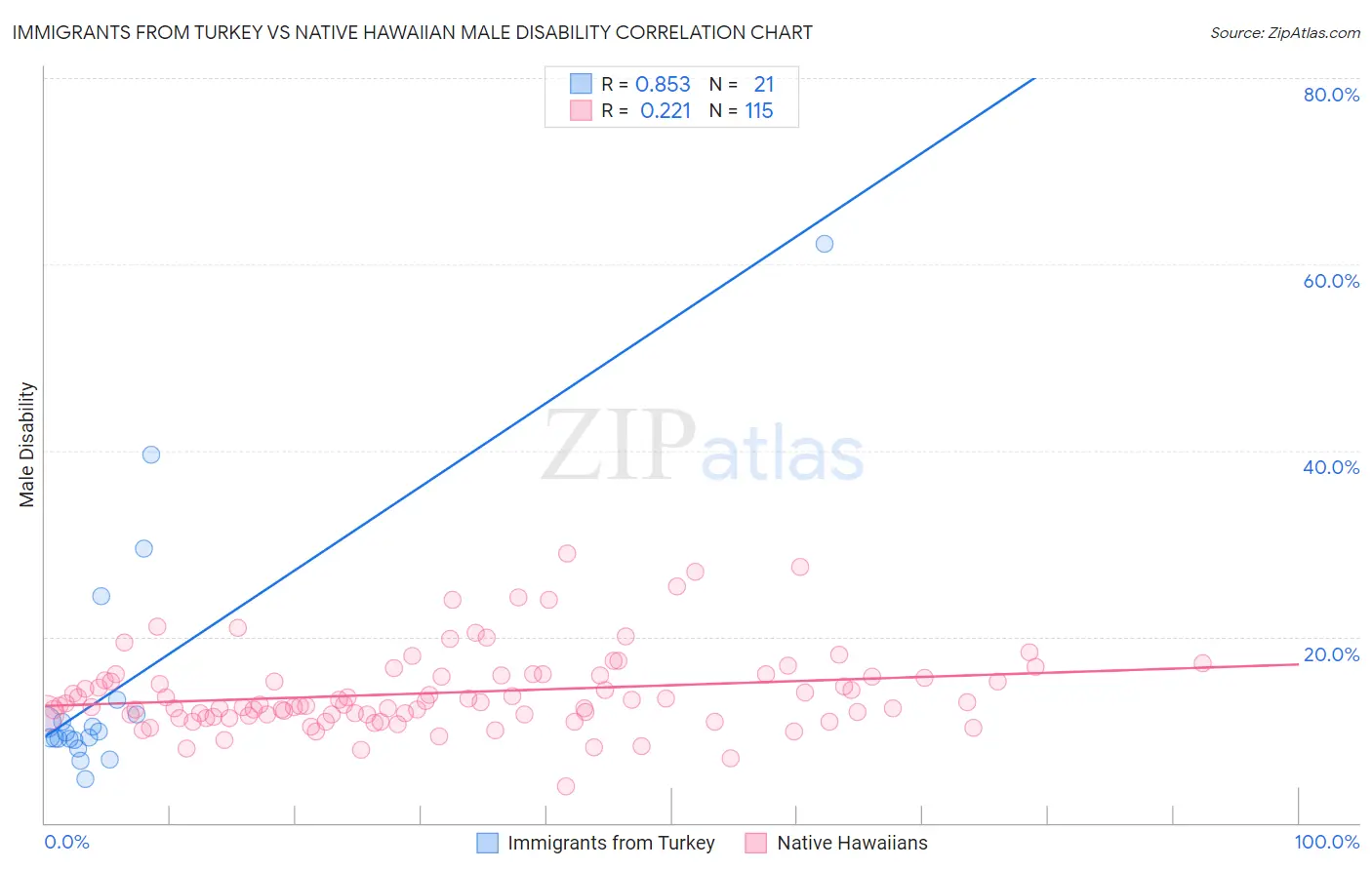 Immigrants from Turkey vs Native Hawaiian Male Disability