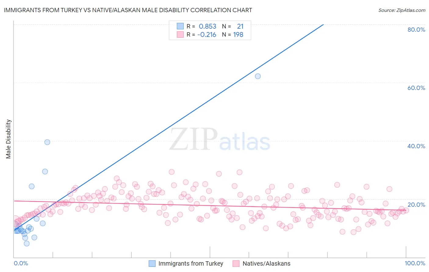 Immigrants from Turkey vs Native/Alaskan Male Disability