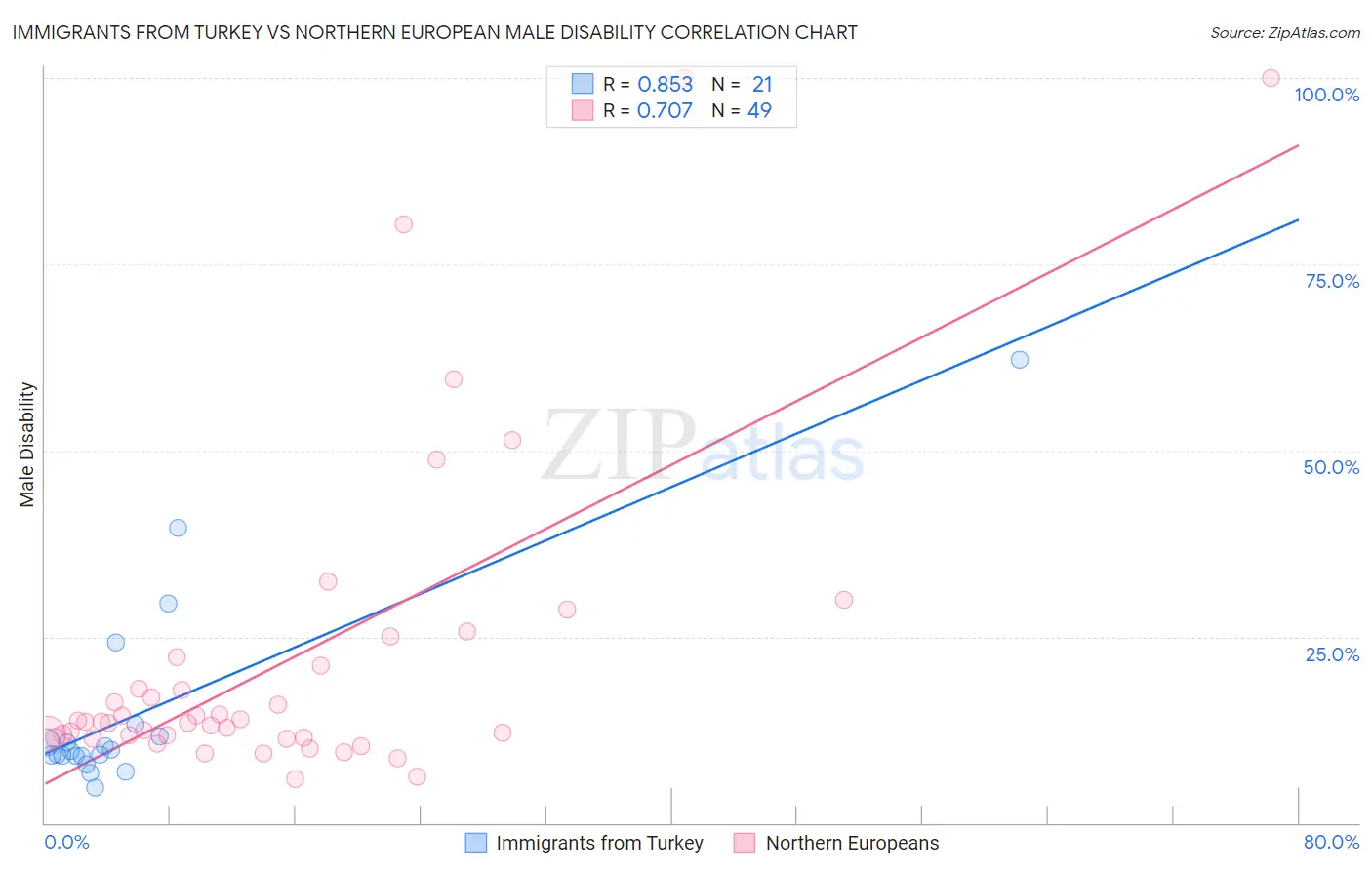 Immigrants from Turkey vs Northern European Male Disability