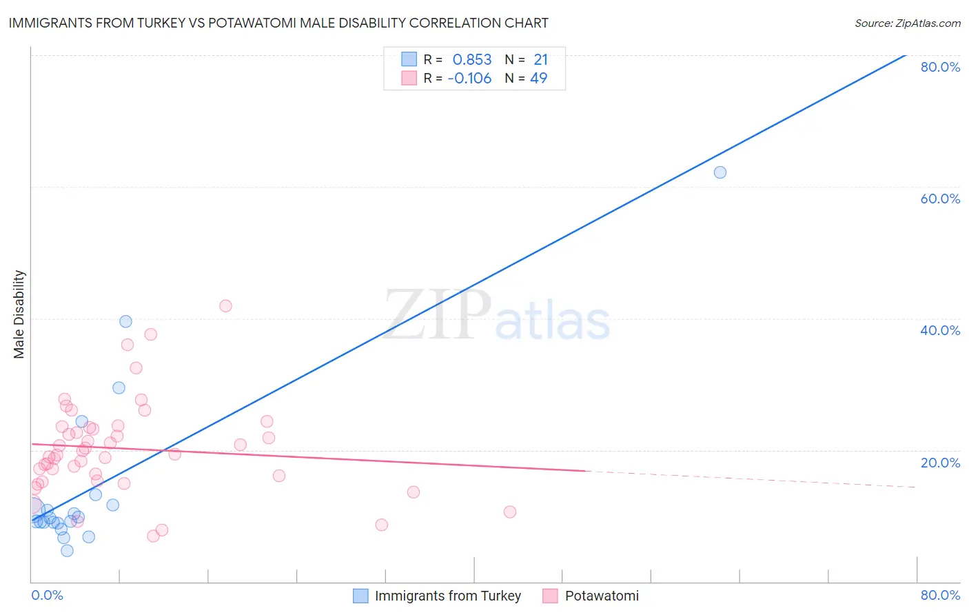 Immigrants from Turkey vs Potawatomi Male Disability