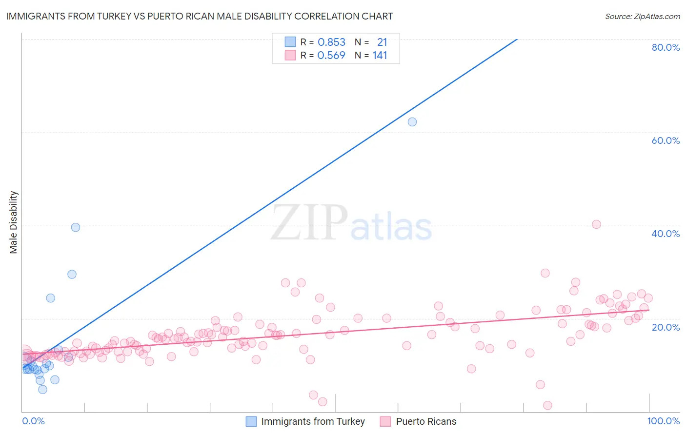 Immigrants from Turkey vs Puerto Rican Male Disability