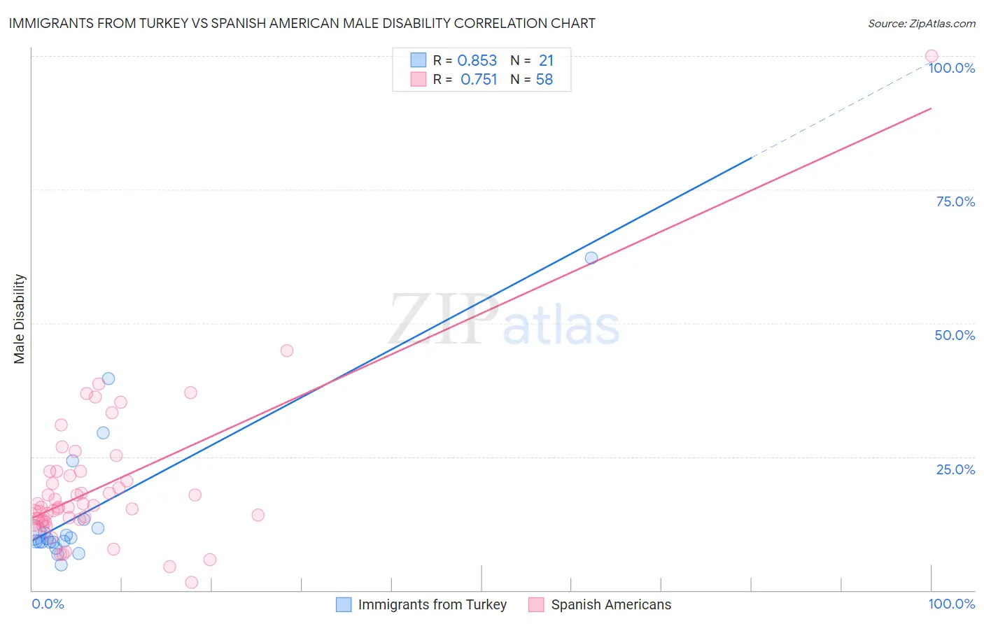 Immigrants from Turkey vs Spanish American Male Disability