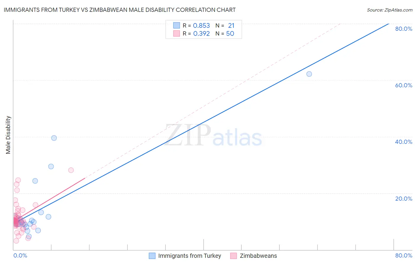 Immigrants from Turkey vs Zimbabwean Male Disability