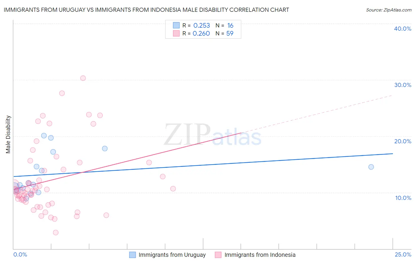 Immigrants from Uruguay vs Immigrants from Indonesia Male Disability