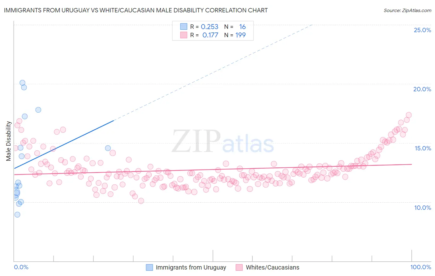 Immigrants from Uruguay vs White/Caucasian Male Disability