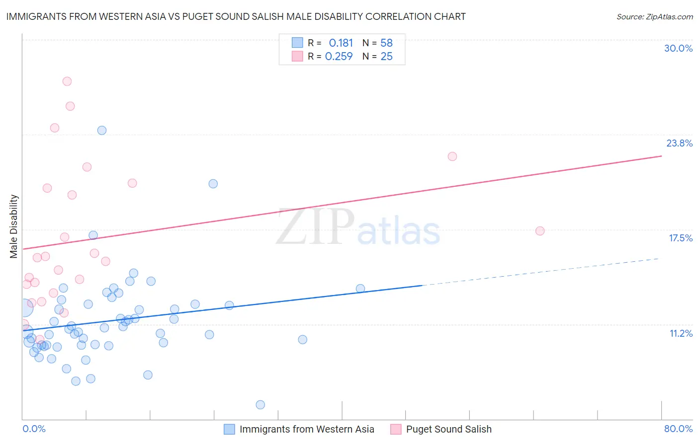 Immigrants from Western Asia vs Puget Sound Salish Male Disability