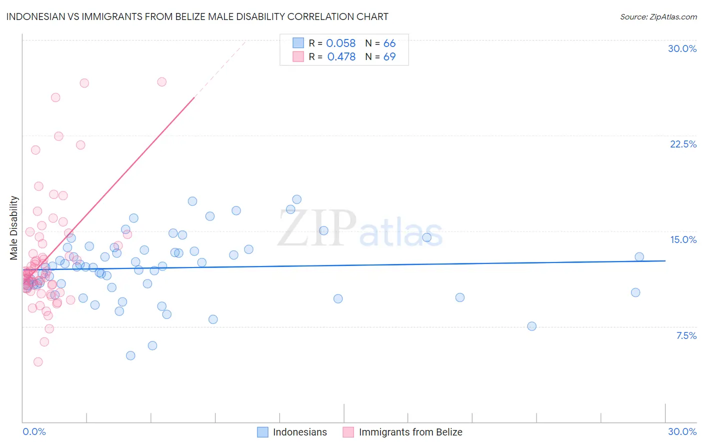 Indonesian vs Immigrants from Belize Male Disability