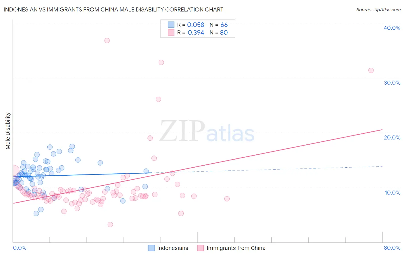 Indonesian vs Immigrants from China Male Disability