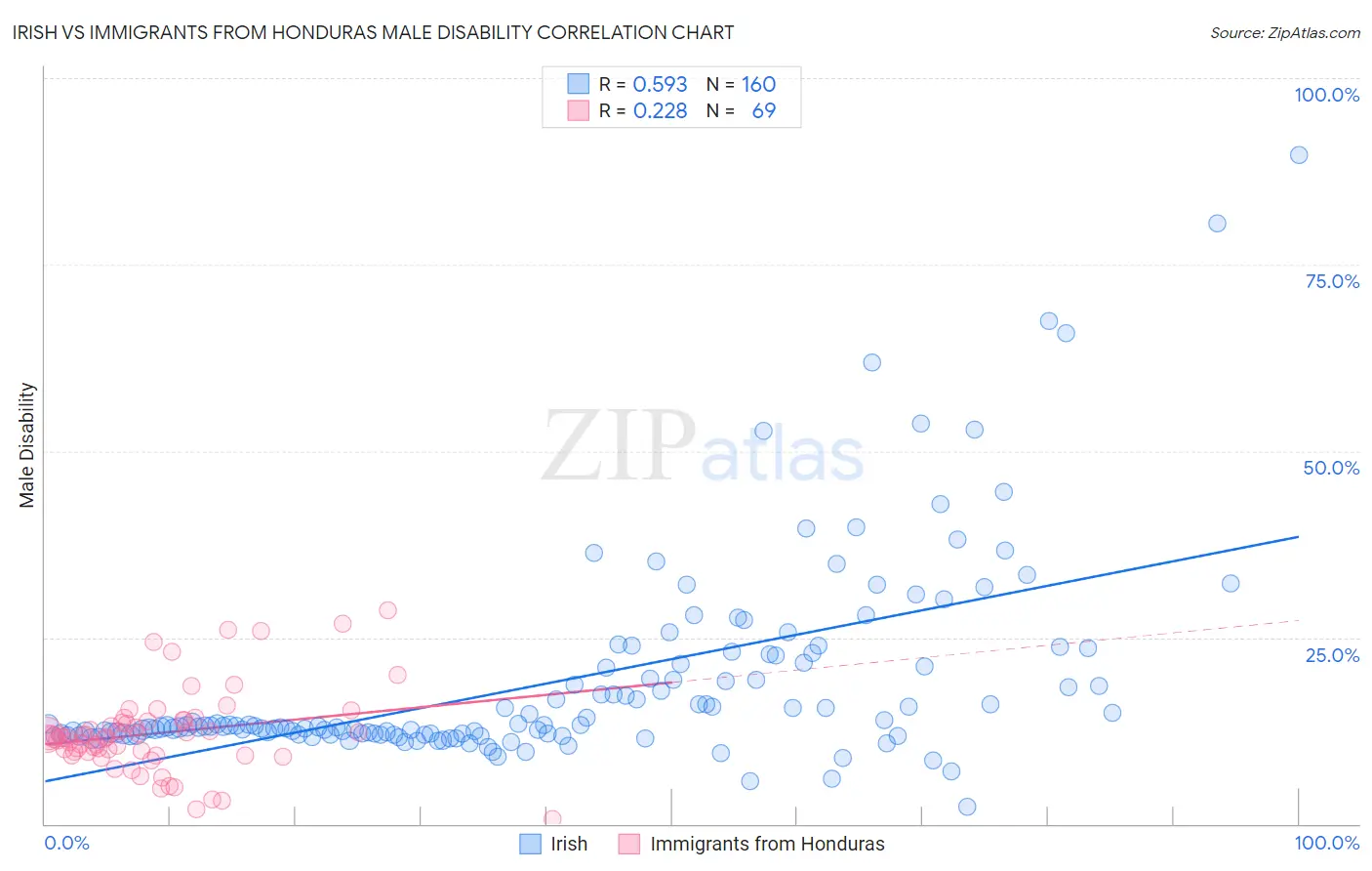 Irish vs Immigrants from Honduras Male Disability