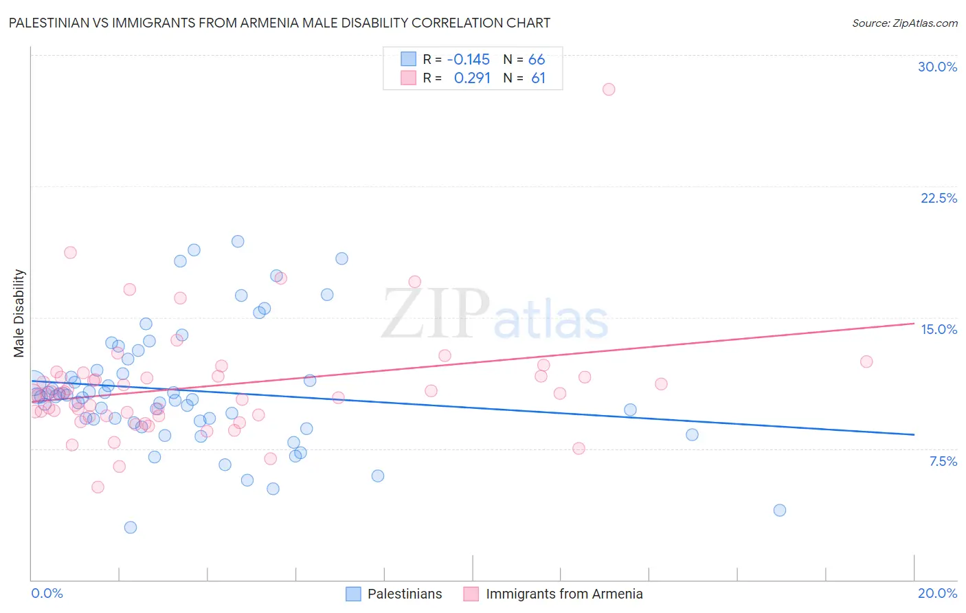 Palestinian vs Immigrants from Armenia Male Disability